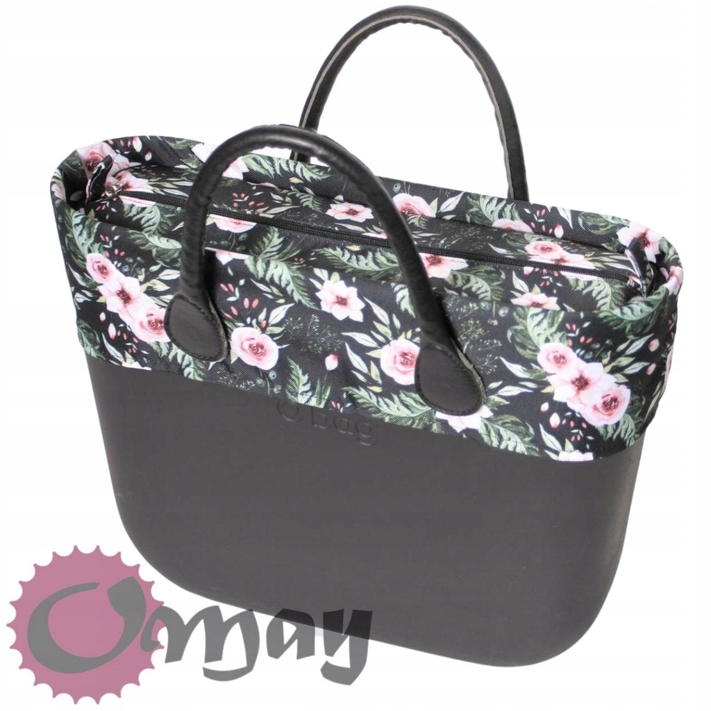 Czarny organizer do OBAG MINI +OPASKA pudrowe róże 2 kieszenie wkład OMAY