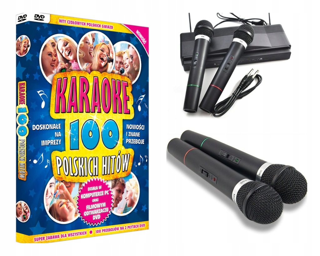 Karaoke 100 piosenek + 2 mikrofony bezprzewodowe