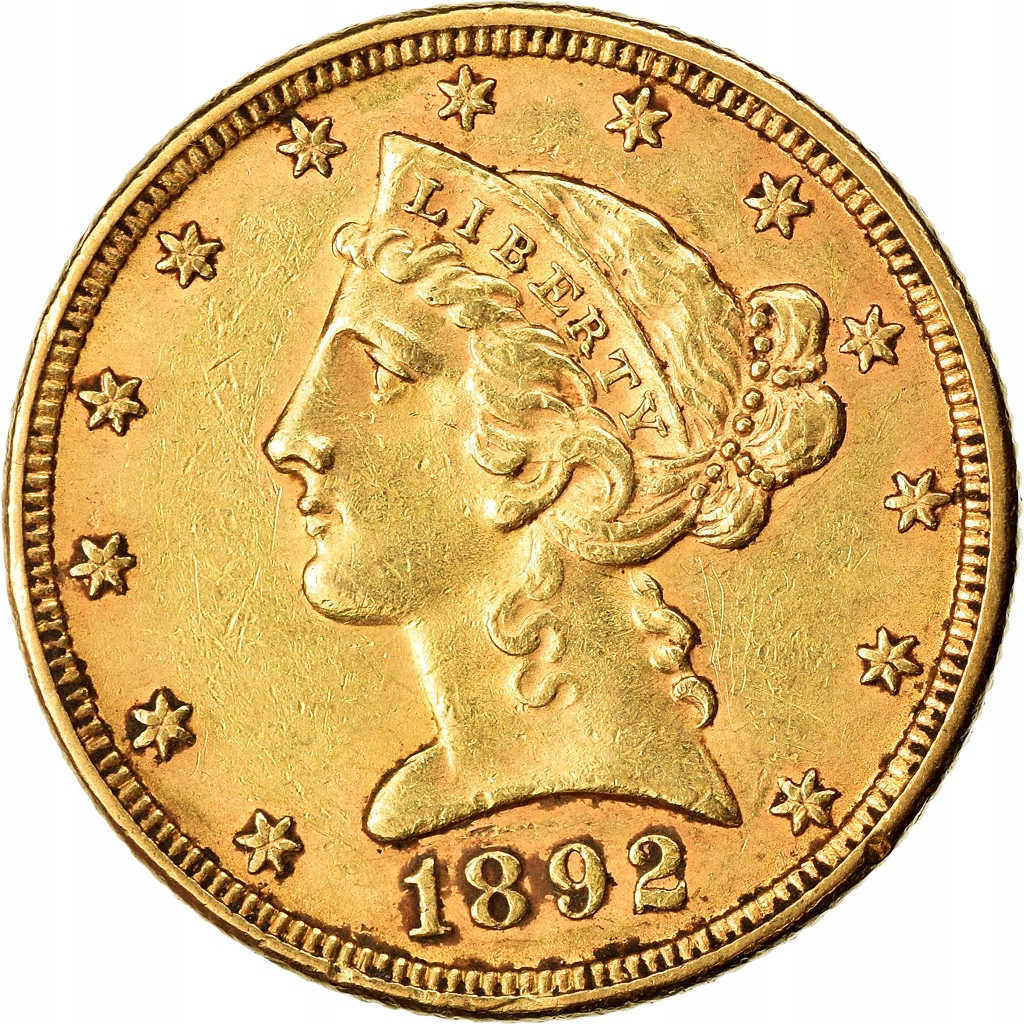 Moneta, USA, Coronet Head, $5, Half Eagle, 1892, U