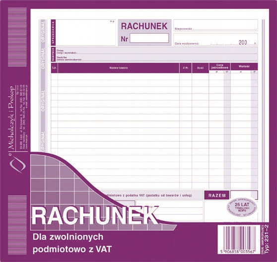Rachunek dla zwolnionych z VAT 231-2 2/3 A4