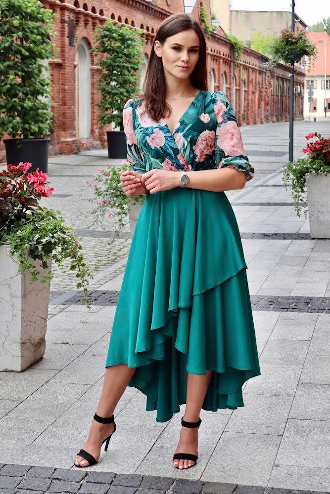LAURA sukienka asymetryczna zielona kwiaty XXL(44)