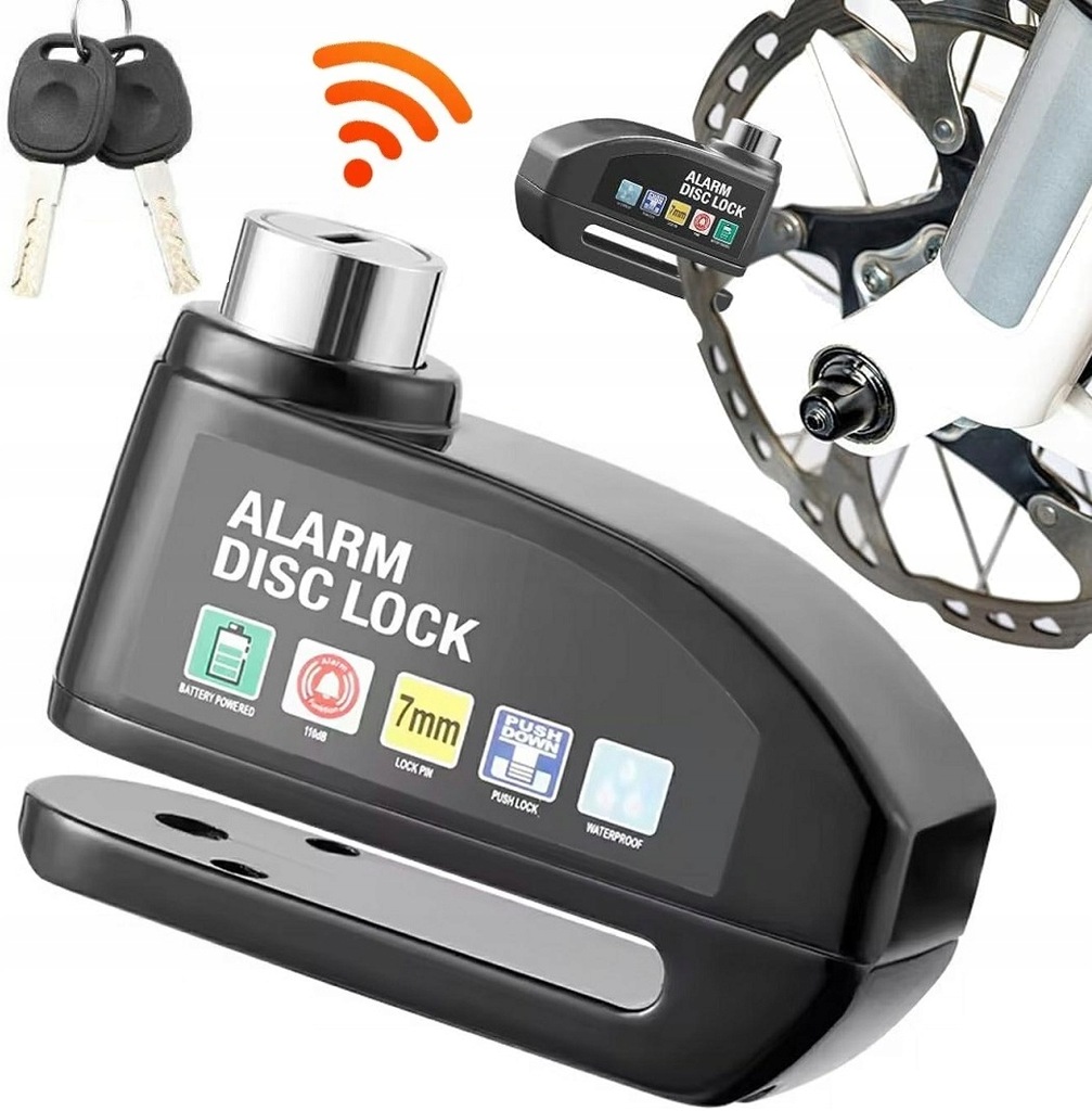 BLOKADA TARCZY HAMULCOWEJ Z ALARMEM NA MOTOCYKL ROWER SKUTER WSTRZĄSOWA