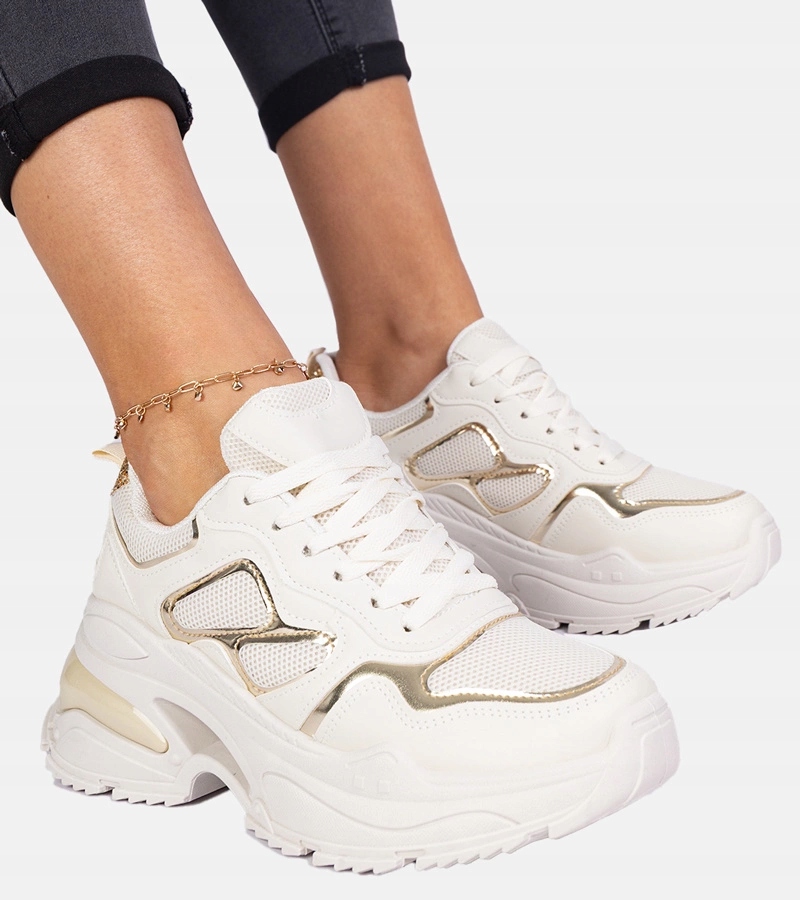 Beżowe sneakersy damskie zdobione brokatem Sandoria rozmiar 38
