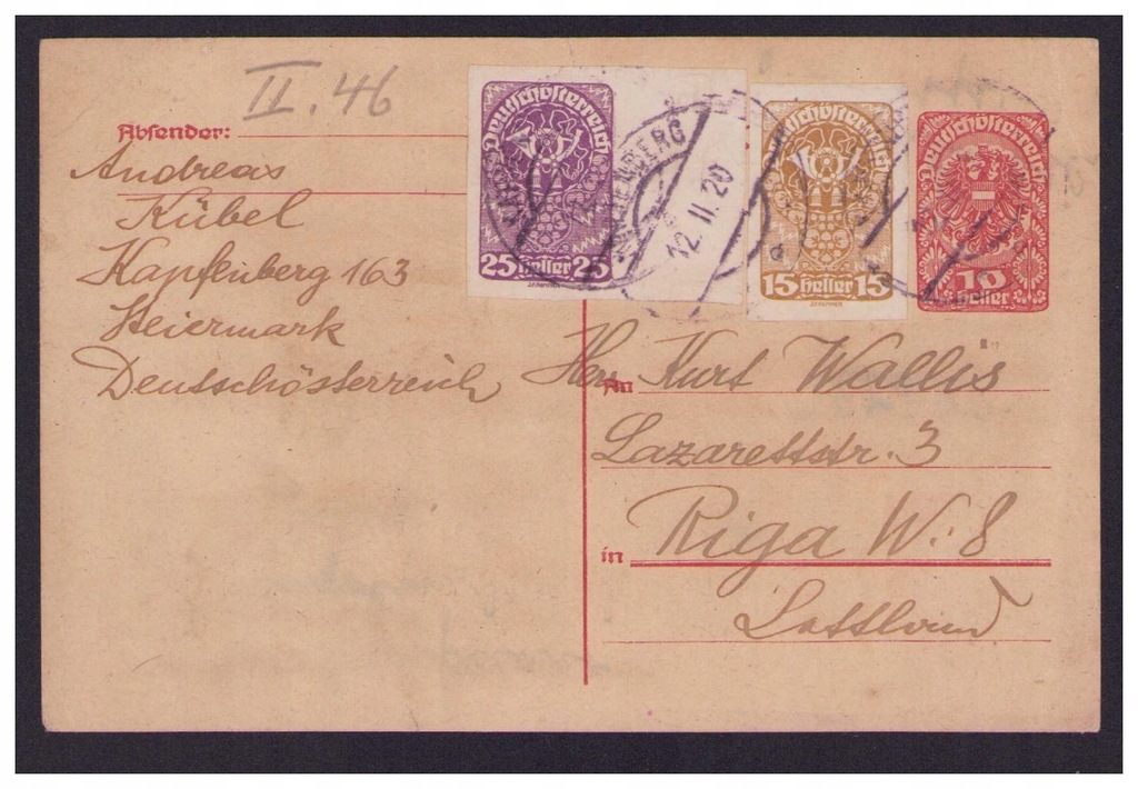 Austria - Postkarte - obieg Kapfenberg - Ryga 1920 rok