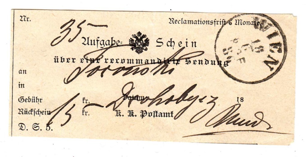 c169 - potwierdzenie nadawcze WIEDEŃ 1886