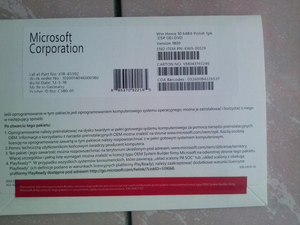 Microsoft Windows 10 Home PL 64 bit DVD KW9-00129