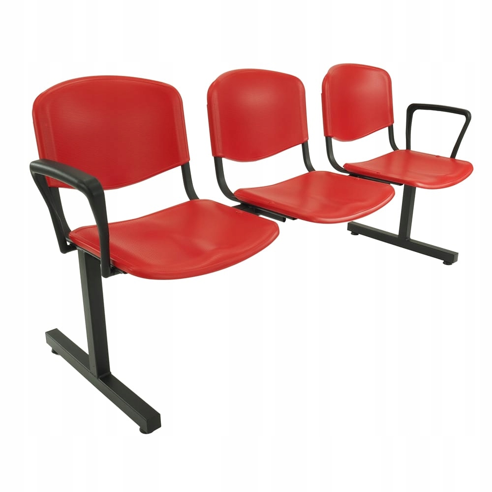 Ławka 3-os ISO - plastik czerwony | stelaż czarny | podłokietniki