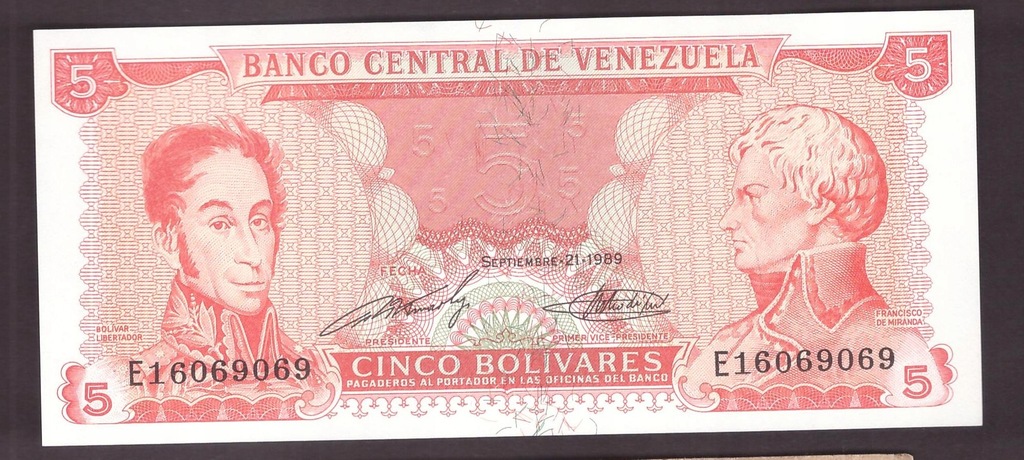 Wenezuela - banknot - 5 Bolivares 1989 rok