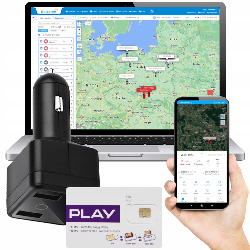 Lokalizator GPS pod zapalniczkę Ładowarka USB SIM