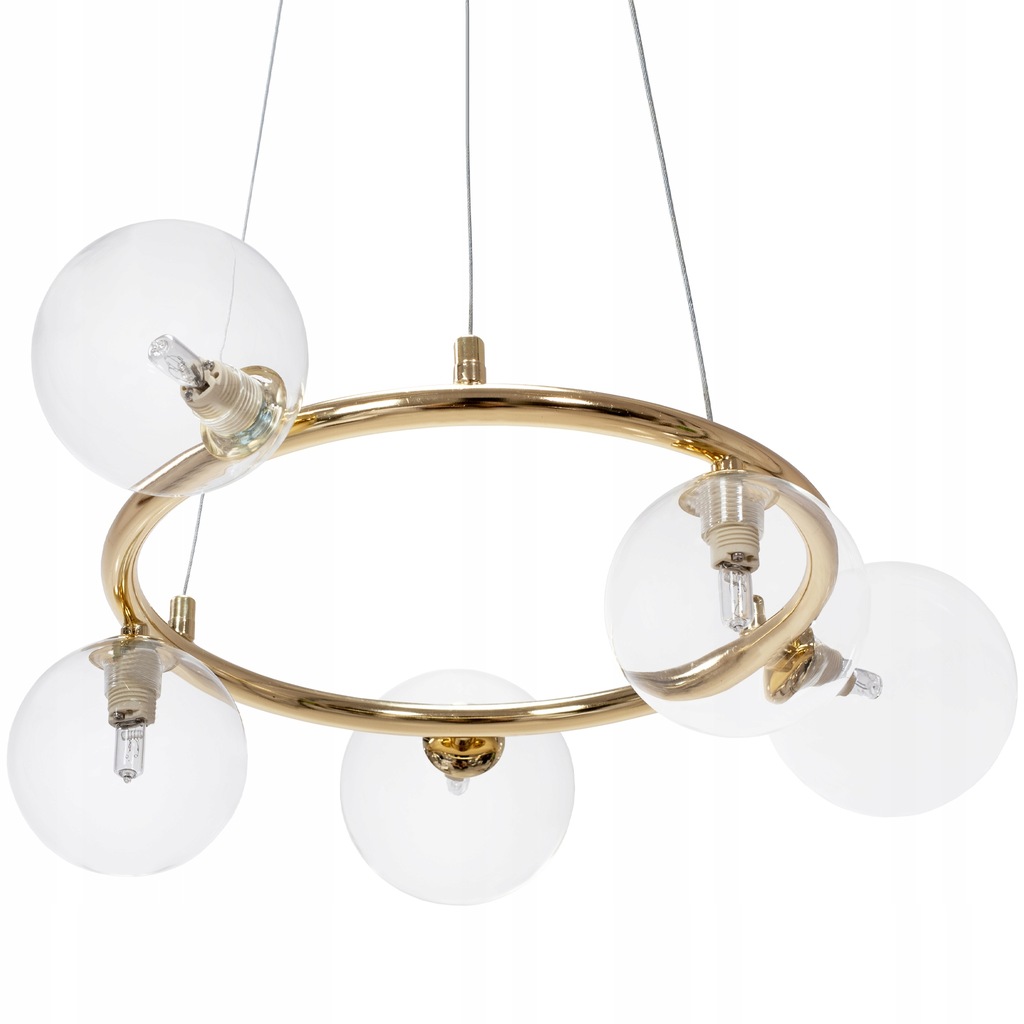 LAMPA WISZĄCA ZŁOTA OBRĘCZ 6 TRANSPARENTNE KULE