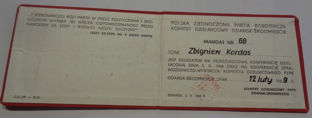 LEGITYMACJA MANDAT PZPR GDAŃSK 1969