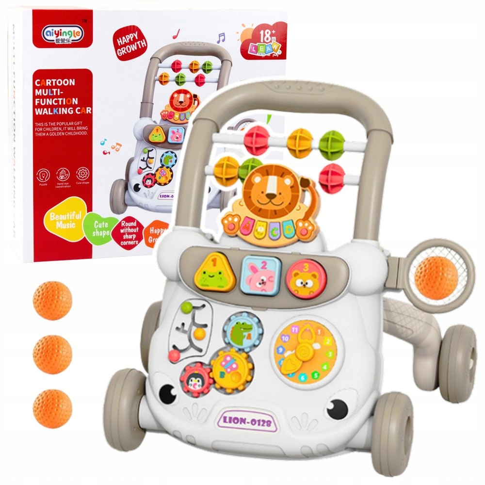 Chodzik Edukacyjny Interaktywny Pchacz Klocki Zegar Koła Zębate Szary