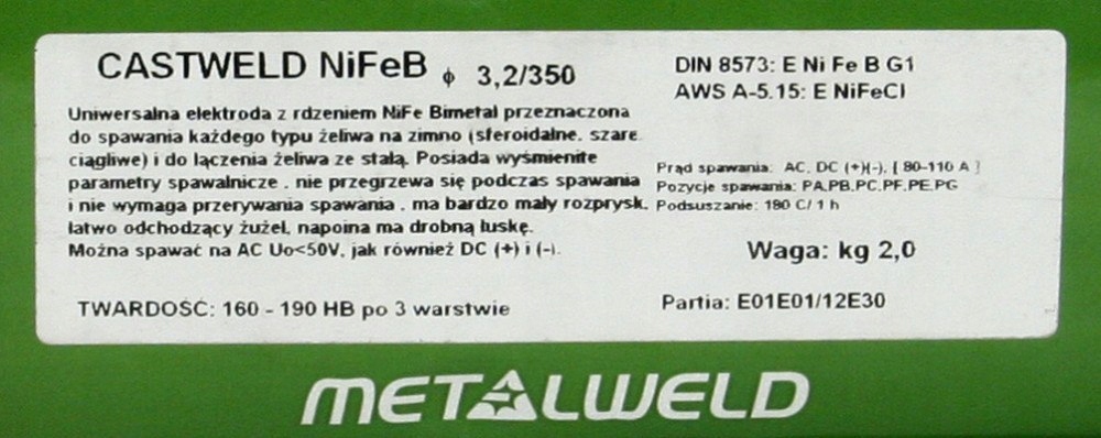 ELEKTRODA DO ŻELIWA CASTWELD NI FE B -CL 3.2MM SZT