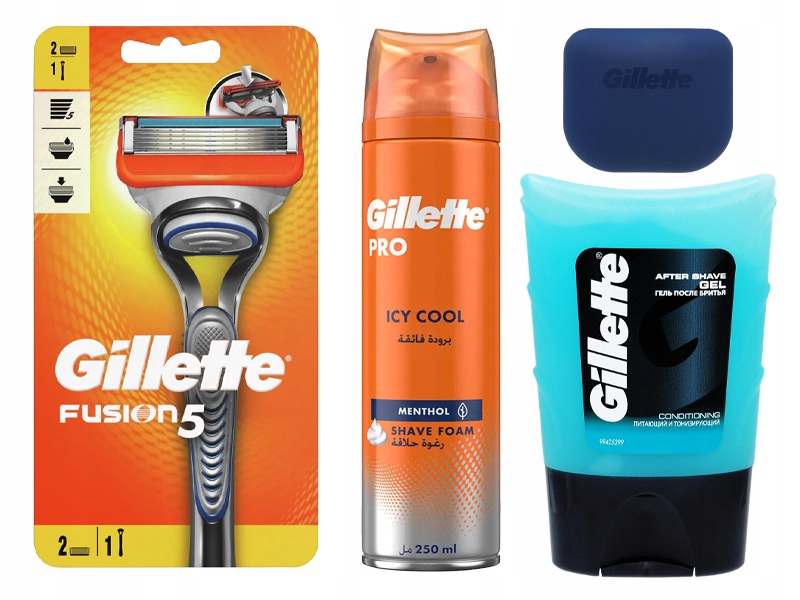 MASZYNKA GILLETTE FUSION 5 2 OSTRZA ETUI + PIANKA 250ml + ŻEL PO GOLENIU