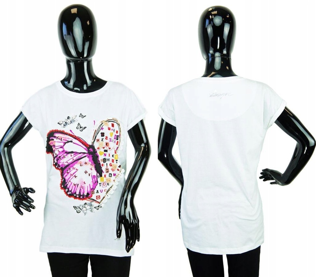 DESIGUAL Biały T-shirt print motyle cekiny (S)