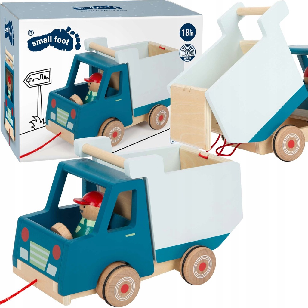 DREWNIANA WYWROTKA DO CIĄGNIĘCIA RUCHOMA SKRZYNIA Zabawka Dla dzieci 18m+