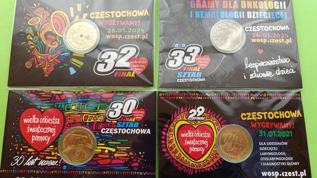 Oryg Kolekcjonerskie Monety-10 Finałków WOŚP- 2021r 2022r 2024r 2025r-4 szt