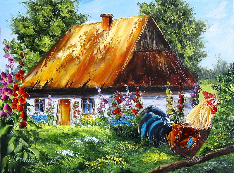 U.Lemańska CHATA I KOGUT obraz olejny 30x40