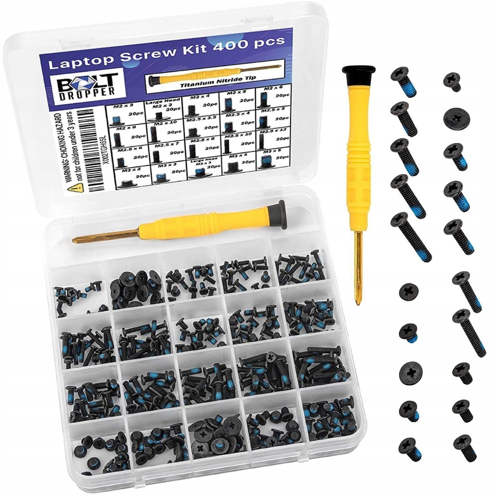 BOLT DROPPER 400pcs Laptop Screws w/Blue Nylok (20 Sizes) Titanium Nitride