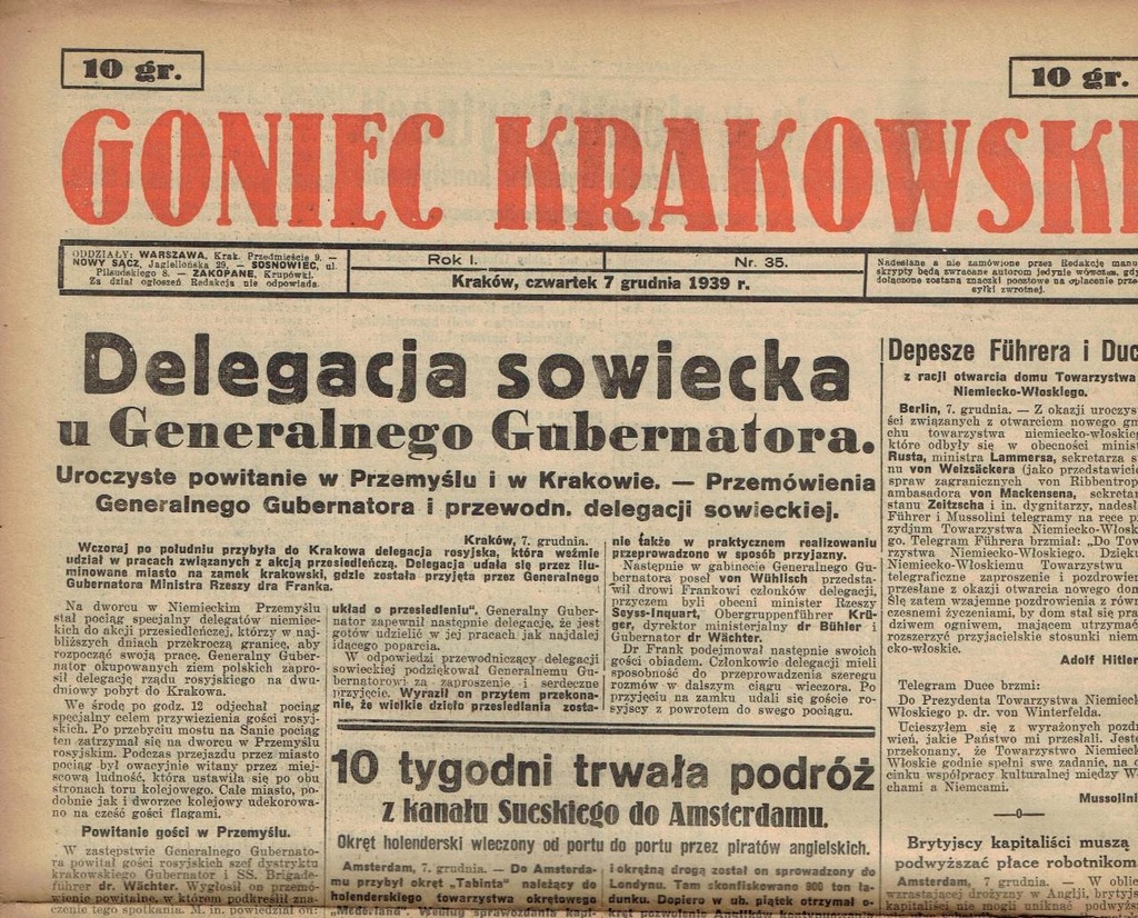 GONIEC KRAKOWSKI 7.12 1939 Delegacja sowiecka u GG