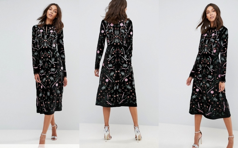 FROCK AND FRILL midi sukienka welur hafty kwiaty S 7365756371