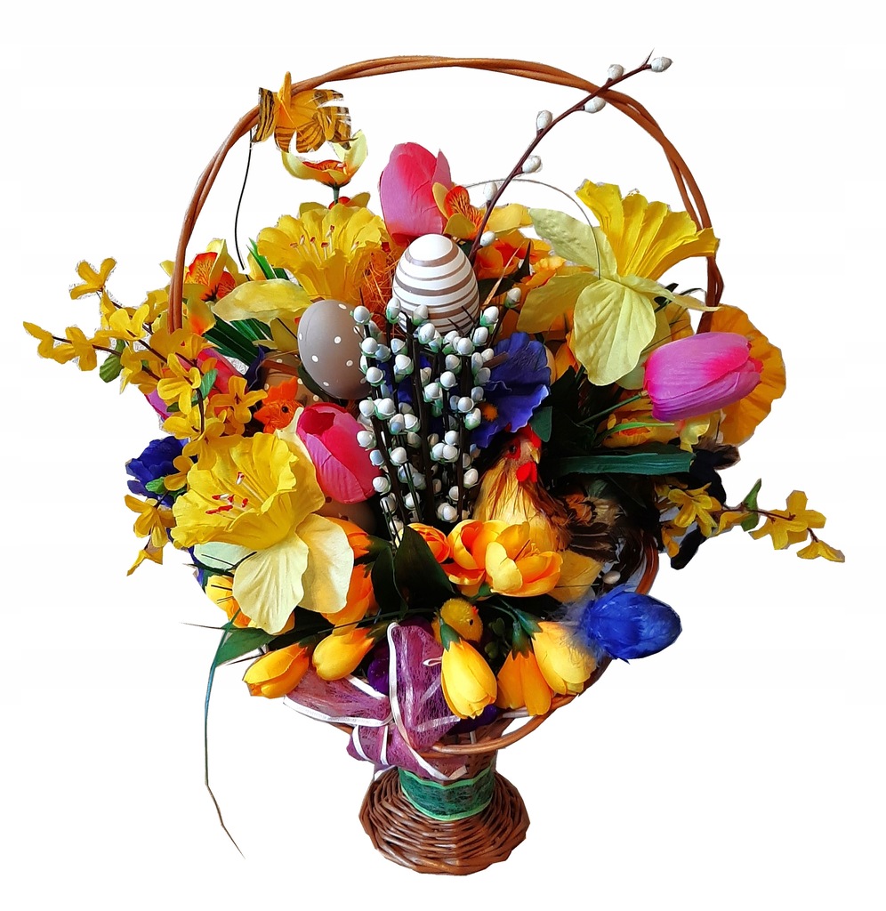 Kwiaty w koszu, kompozycja wiosenna Wielkanocna 50 cm