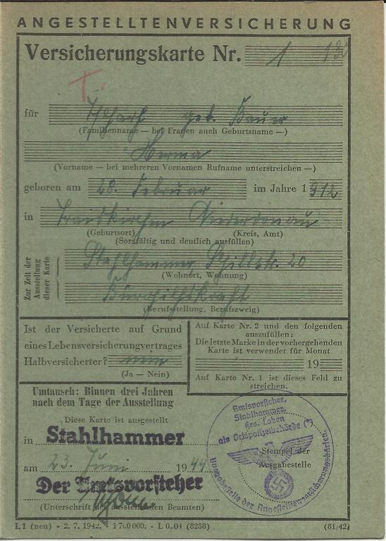 Versichcherungskarte - Stahlhammer 1944