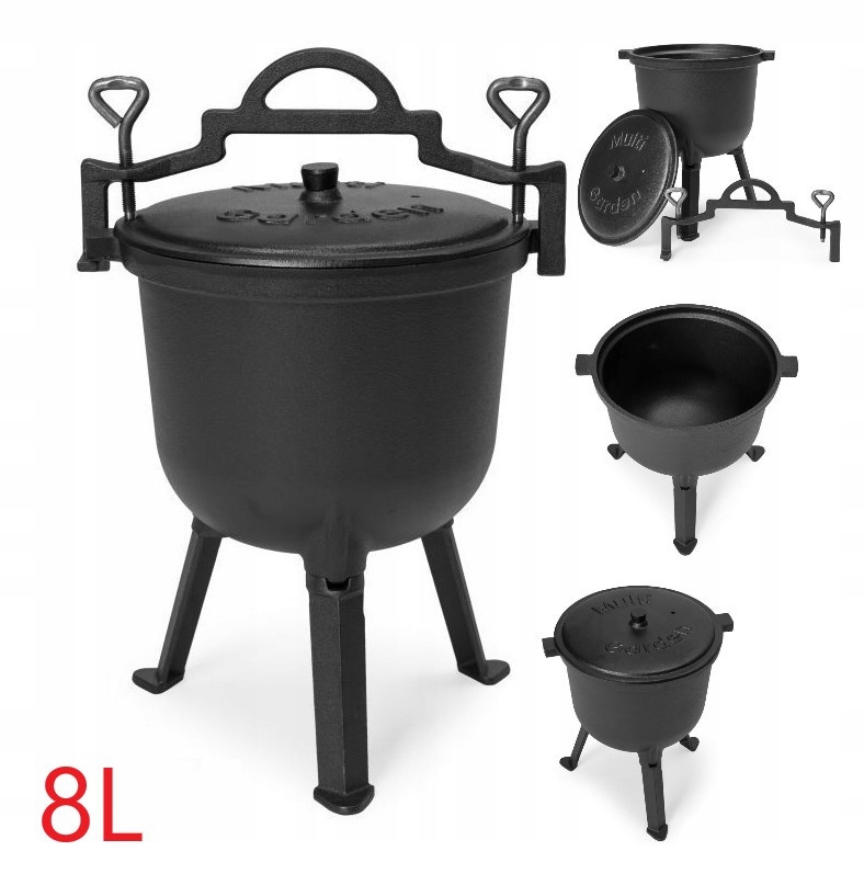 KOCIOŁEK ŻELIWNY 8L STOJĄCY GARNEK MYŚLIWSKI NA OGNISKO GRILL