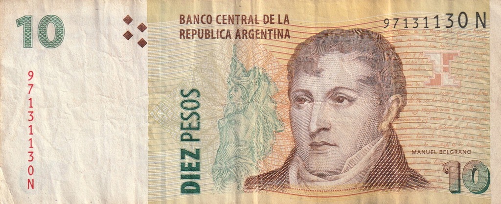 BANKNOT ARGENTYNA 10 PESOS SERIA N UNDATED (OBIEG)