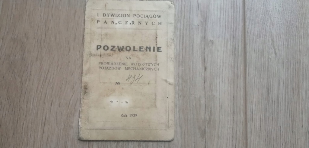 1 Dywizjon Pociągów Pancernych Legitymacja 1939 Pozowolenie