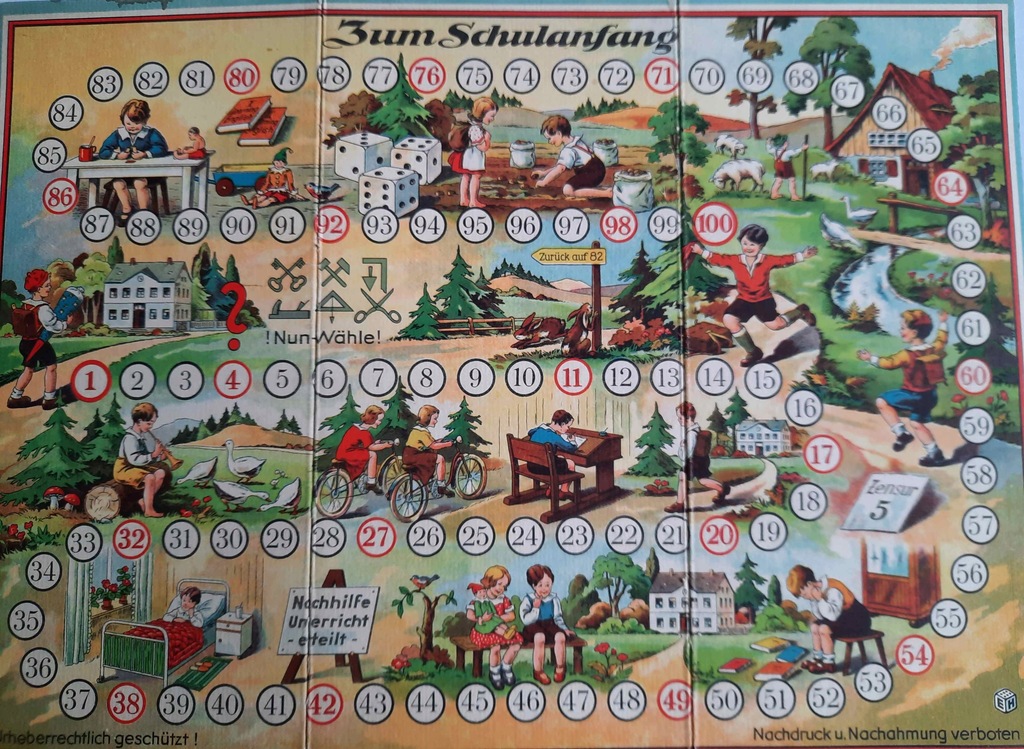 Stara Gra POCZĄTEK SZKOŁY Stara Zabawka Pionki Kostka Drewno Vintage