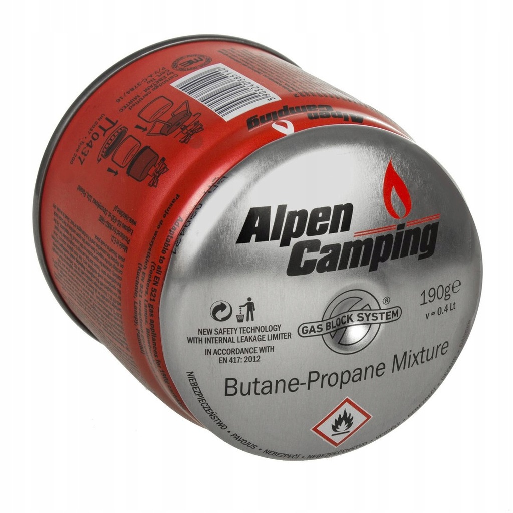 Kartusz gazowy 400ml Alpen Camping. certyfikat: Pi 0437, zgodny z normą EN4