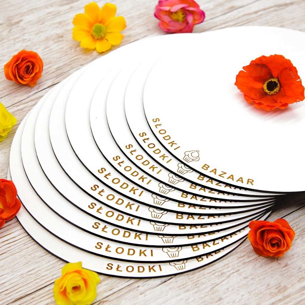 Podkłady pod tort z LOGO do 10 kg BIAŁE Koło 34 cm