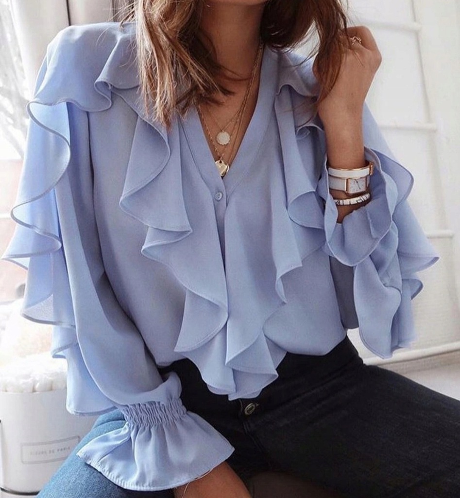 Koszula Zara falbanki żabot błękit elegancka blog