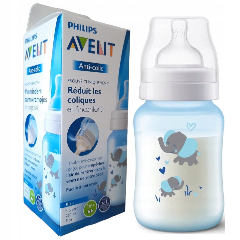 AVENT Classic Butelka antykolkowa Niebieskie Słonie 260ml