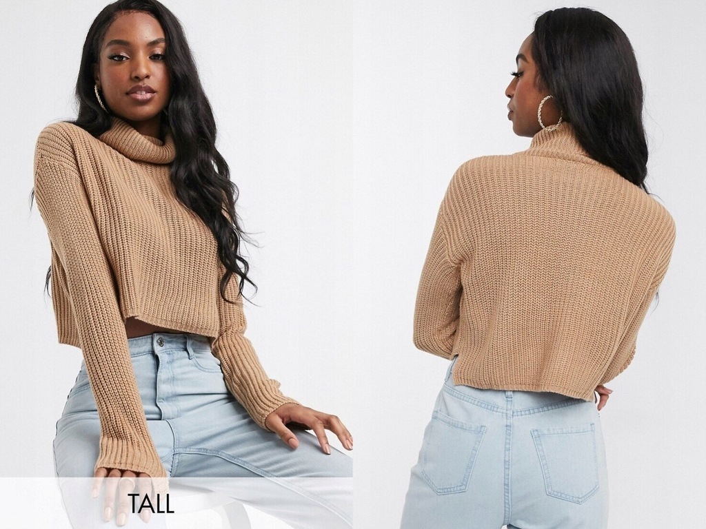 Missguided Tall Camelowy krótki sweter z golfem M