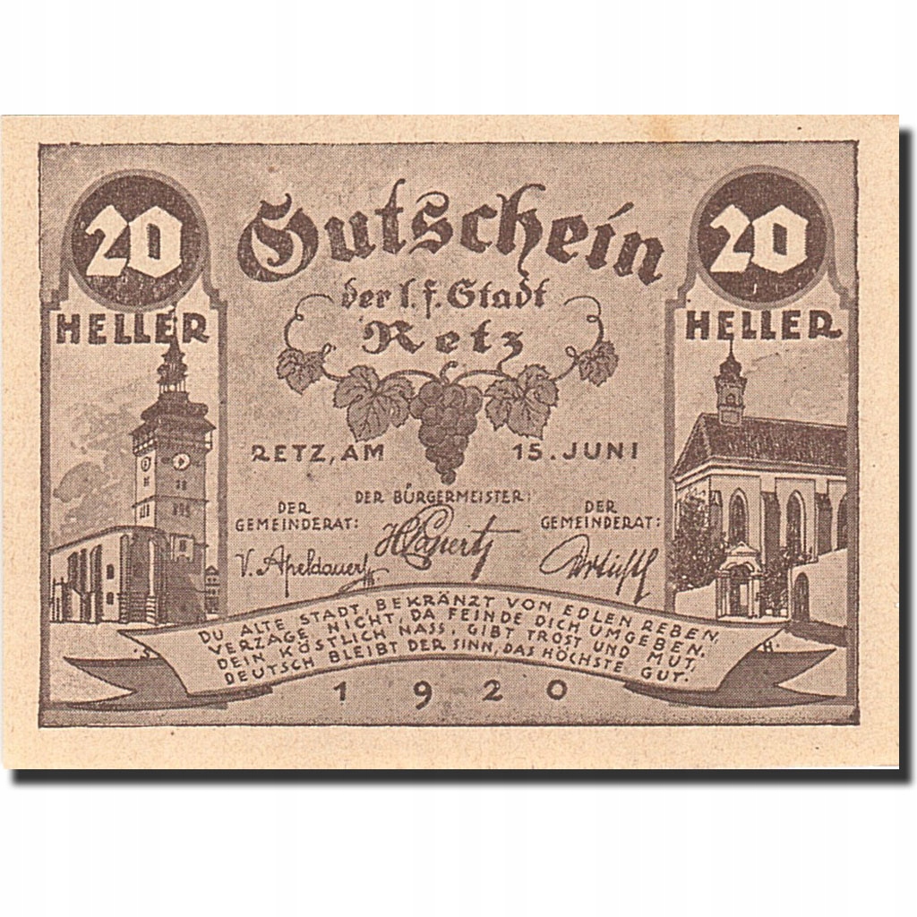 Banknot, Austria, Retz, 20 Heller, Monument, 1920,