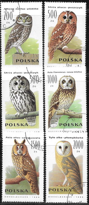 Polska kasowane z 1990 roku Fi. 3146 - 3151 ptaki