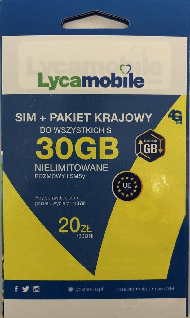 Lycamobile - karta SIM 20 zł na koncie do wszystki
