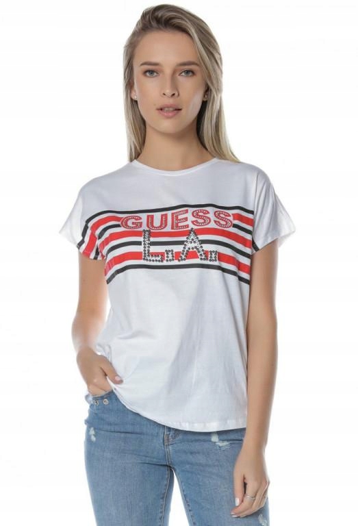 VAR403 GUESS T-SHIRT DAMSKI BIAŁY PASKI XS