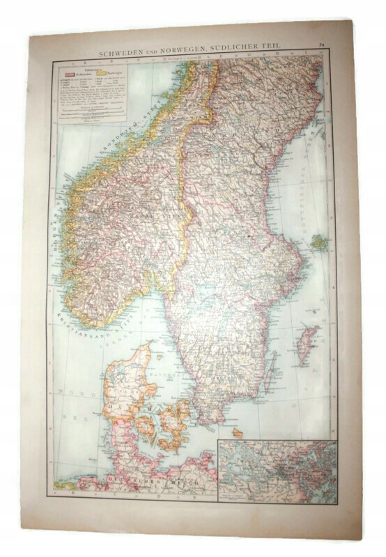 MAPA SZWECJA NORWEGIA DANIA Leipzig 1893