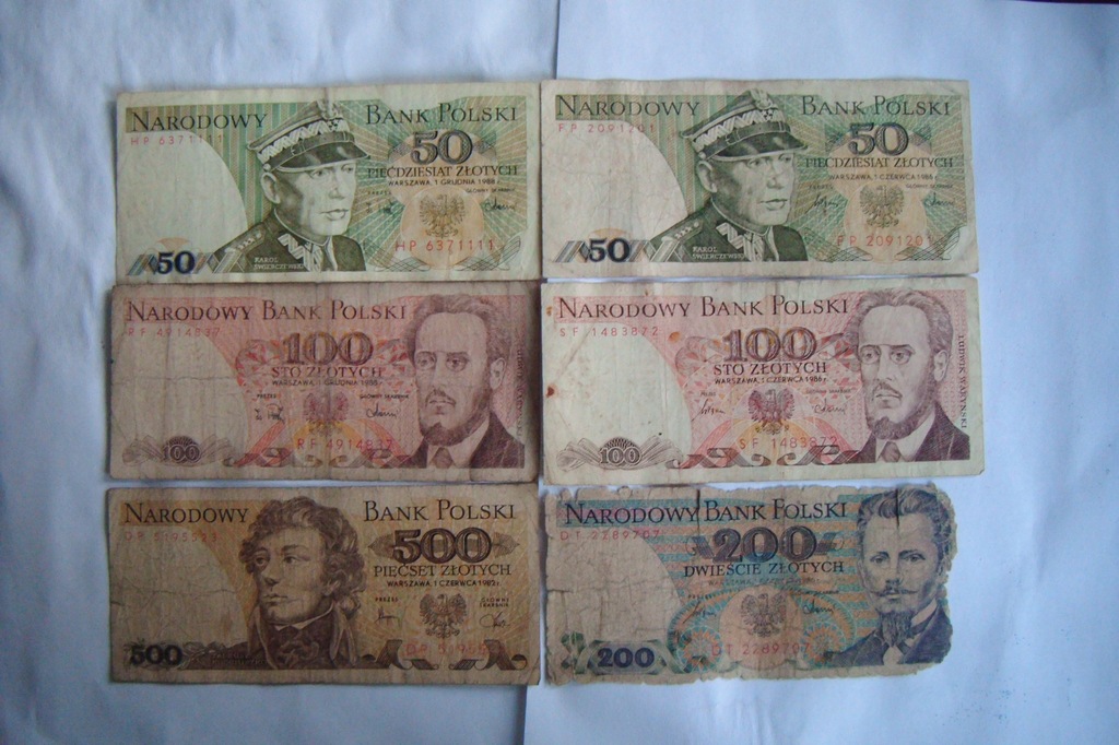 Banknoty PRL Zestaw 6 banknotów 1982 r. do 1988 r.