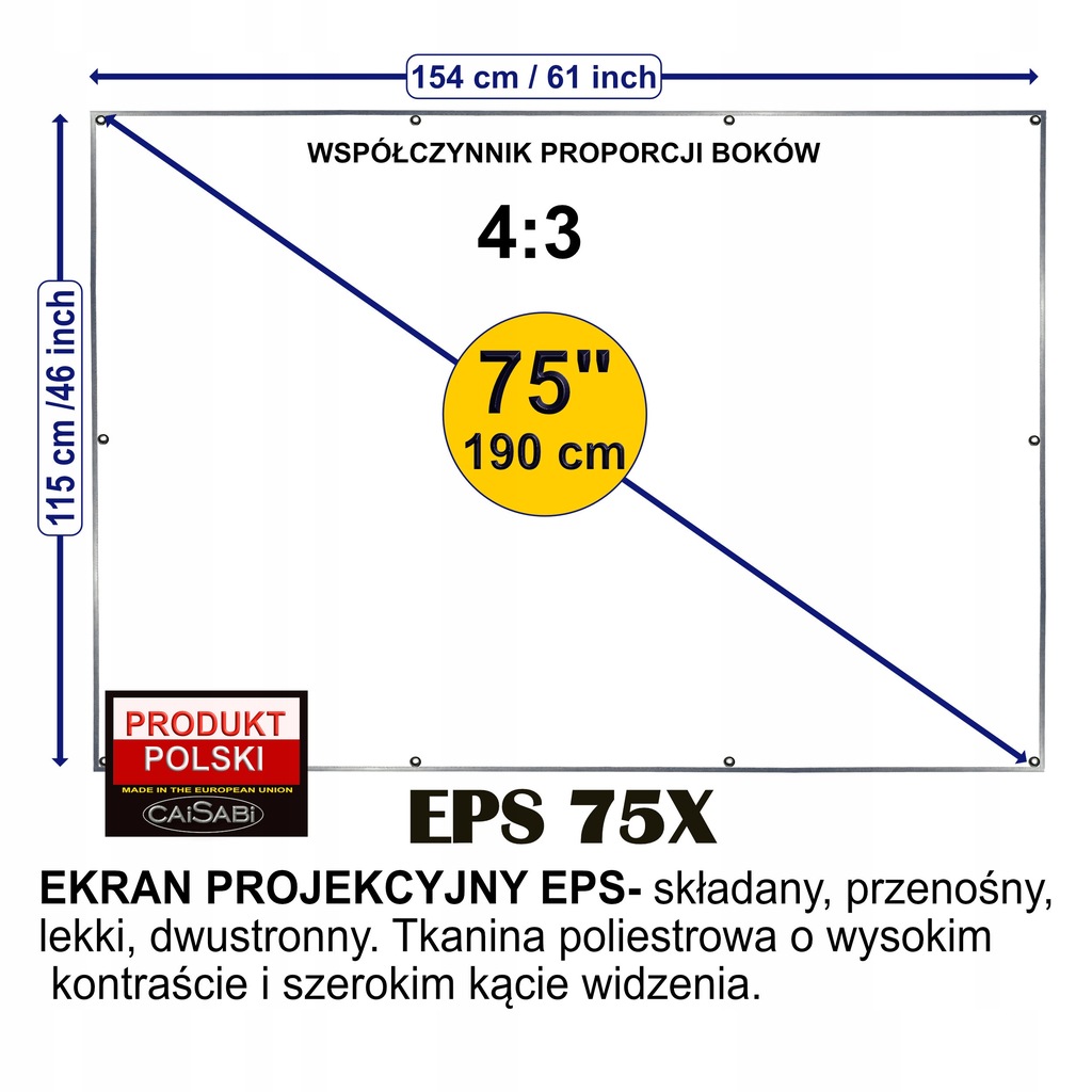 Купить 75-ДЮЙМОВЫЙ ПРОЕКЦИОННЫЙ ЭКРАН 4:3 Full HD, СКЛАДНОЙ, ПОЛЬСКИЙ: отзывы, фото, характеристики в интерне-магазине Aredi.ru