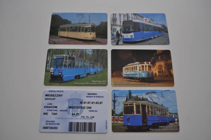 Zestaw kart bilety MPK Kraków tramwaje. 6 szt.