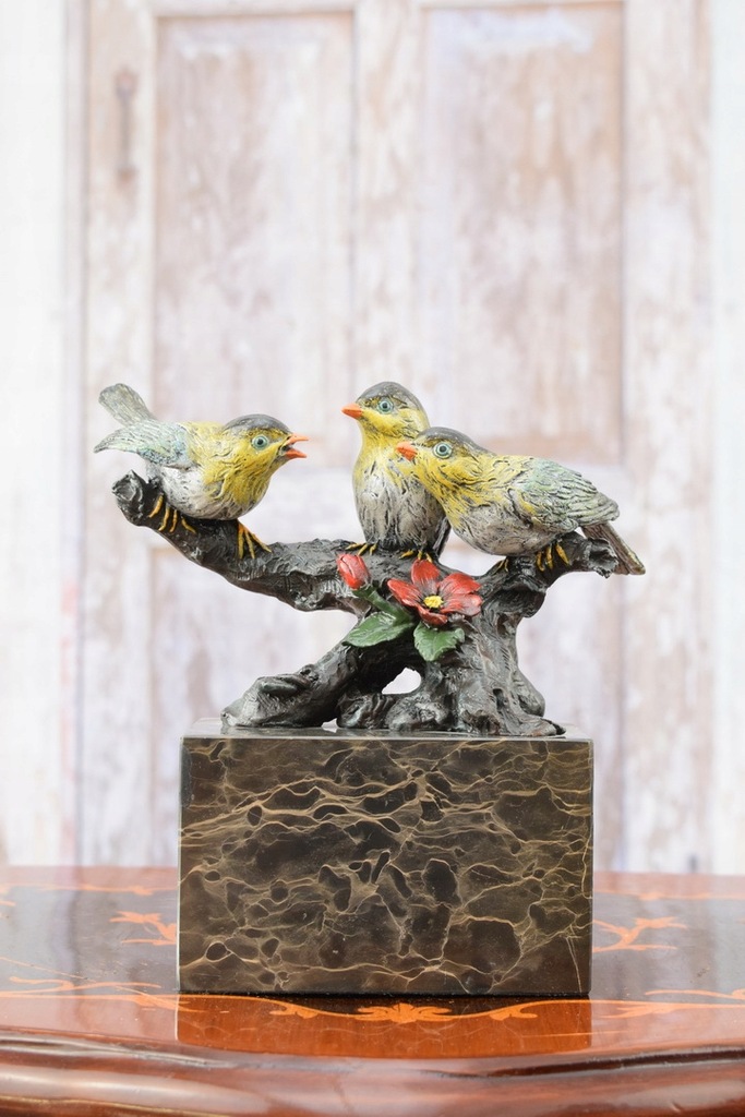 Kolorowe Ptaki na Gałęzi Ptak - Figura z Brązu Art Deco - Rzeźba