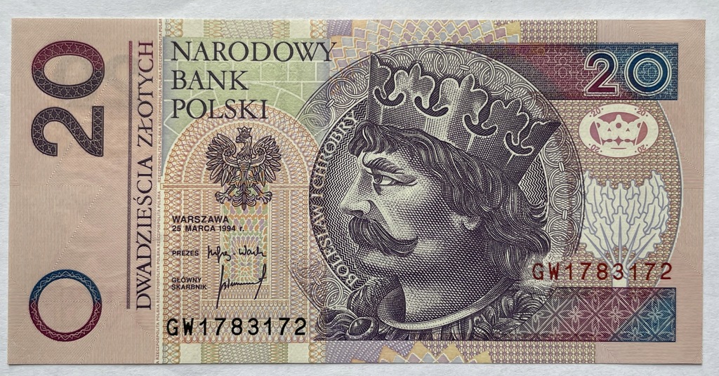 Banknot 20 zł złotych 1994, RP, Bolesław Chrobry (stan 1)