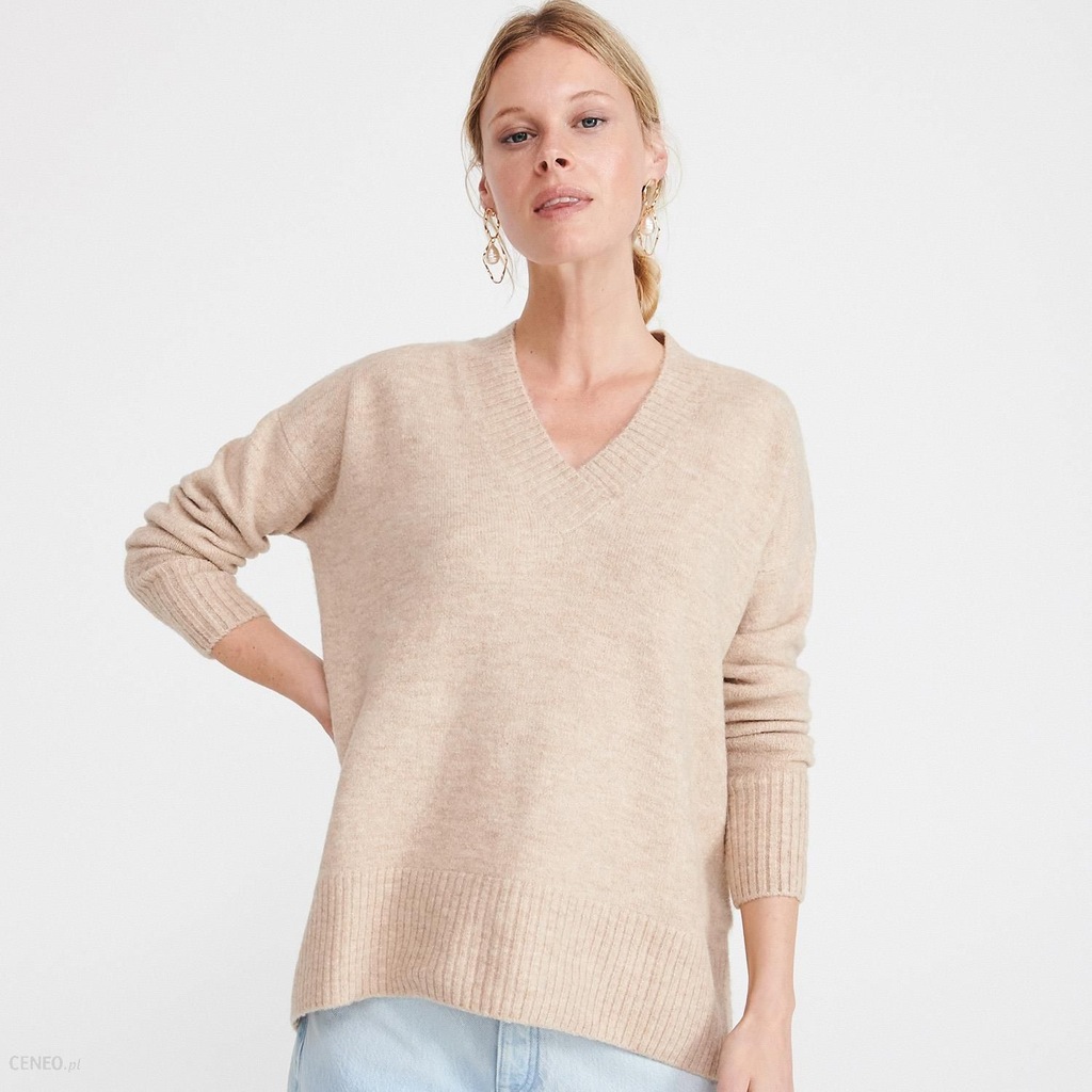 RESERVED S OVERSIZE SWETER V-NECK BEŻ CAMEL