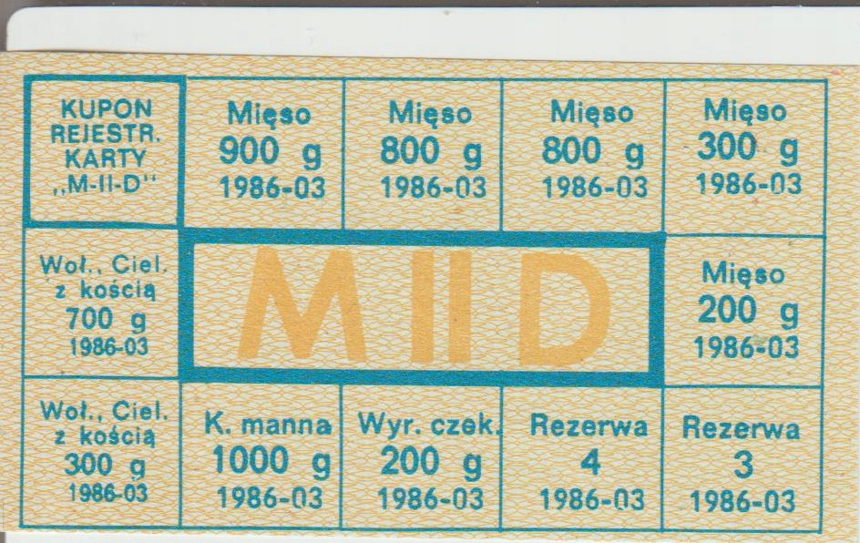 Kartka Żywnościowa MIID III 86r Mięso, czekol,