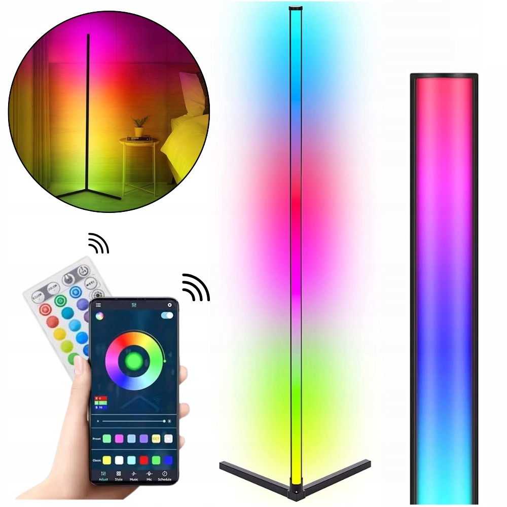 LAMPA LED NAROŻNA PODŁOGOWA STOJĄCA RGB APLIKACJA