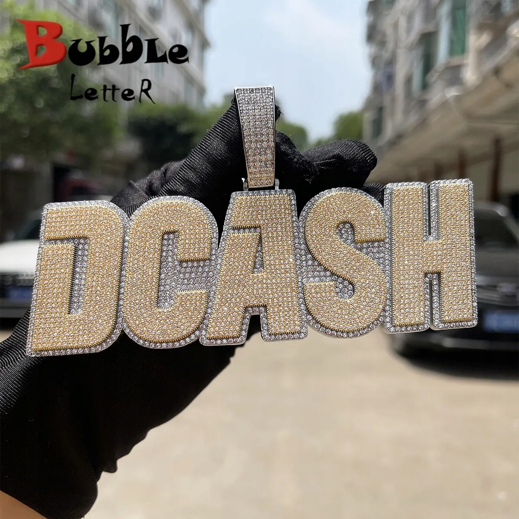 Bubble Letter Custom Name Necklace for Men Solid Base Iced Out Pendant Two